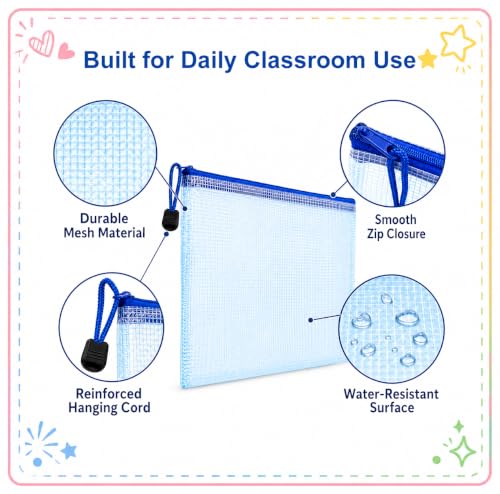 24 PCS Classroom Headphone Storage Bags, Large Mesh Zipper Headphone Bags with Loops and Number Labels, Colorful Headset Organizer Pouches for School, Library and Learning Center