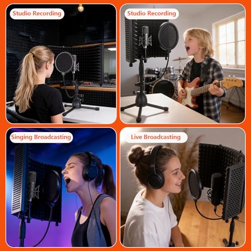 Desktop Microphone Isolation Shield | with Tripod Stand Curved Panel, Foldable Microphone Sound Shield, Studio Mic Sound Absorbing Foam Reflector - size: Standard