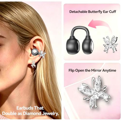 Open Ear Clip Earbuds Bluetooth 6.0, Wireless Ear Clip Headphones with LED Mirror Charging Case, IPX6 Waterproof 40H Playtime, Lightweight Open-Ear Earphones for Women Girls Gifts (Black) - color: Black