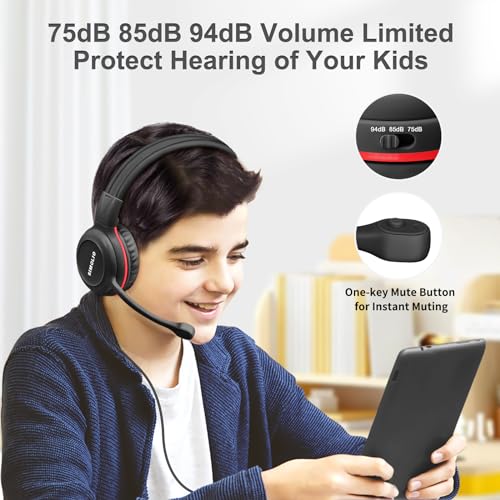 SIMOLIO Wired Headphones for School with Microphone, Stereo Kids Headphone with Flexible Swivel Boom Mic for Student K12 & Teacher & E-Learning, 3 Levels Volume Limiter Gaming Headsets for Boys, Girls - color: Black
