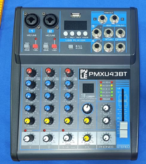 Pyle 4 Channel Audio Mixer with Bluetooth - DJ Sound Board Controller - USB Computer Input - Built-in MP3 Player - 48V Phantom Power - 3 Band EQ - 16-Bit DSP FX - Band, Studio Ready - PMXU43BT