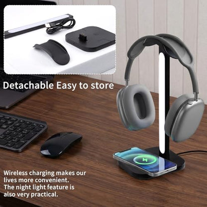 3-in-1 Headphone Stand with Wireless Charging Station and Desk Lamp, Headset Holder with Phone Charger, LED Desk Light for Gaming Setup, Office and Bedroom - color: Black