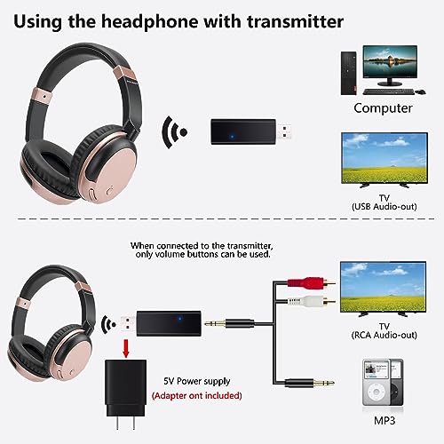 Wireless TV Headphones with Bluetooth USB Transmitter - Rose Gold | Low latency over-ear headset with clear mic & 3.5mm AUX. Connect to TV/PC via USB transmitter or directly to phone. - color: Rose Gold