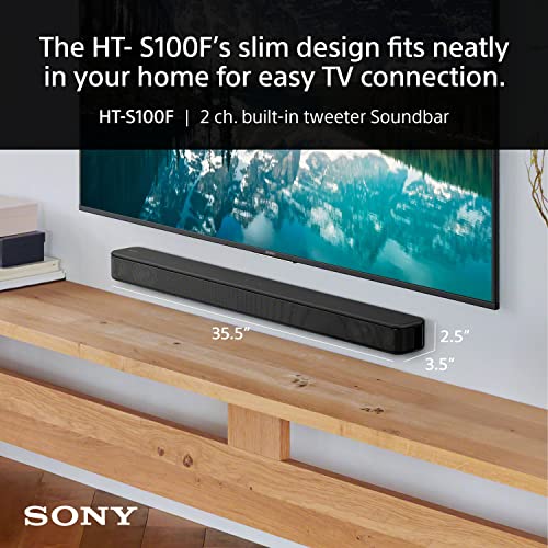 Sony S100F 2.0ch Soundbar with Bass Reflex Speaker, Integrated Tweeter and Bluetooth, (HTS100F), easy setup, compact, home office use with clear sound black | Bass Reflex Speaker, Integrated Tweeter, Clear Sound, Easy HDMI ARC setup, S-Force Front Surroun