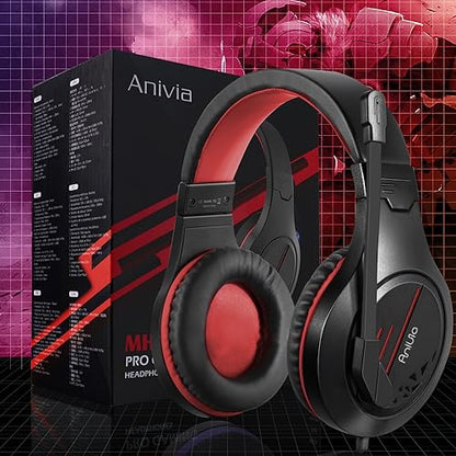 Anivia MH601 Headphones with Microphone Wired Headset with Active Noise Canceling Microphone, 3.5mm Audio Jack Stereo Headphone - Red (Game/Work/School) - color: Red