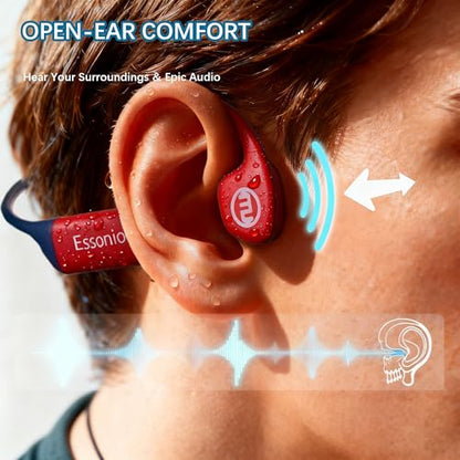 Bone Conduction Headphones IP68 Waterproof Swimming Headphones with Mic Bluetooth Open Ear Earbuds with MP3 Mode 32GB Memory Deep Bass Secure Fit Hearing, Blue - color: Blue&Red