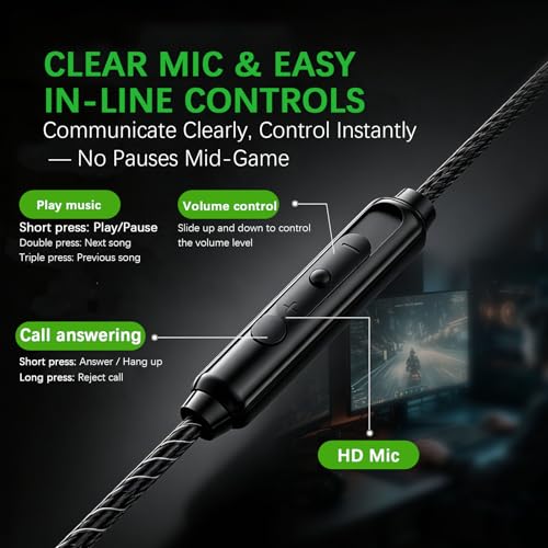 Rosmas Wired Gaming Earbuds with Mic, 360° Spatial Audio, 10mm Drivers, in-Ear Headphones with Volume Control, 3.5mm Jack for PC, PS5, Xbox, Switch, Laptop(Black)