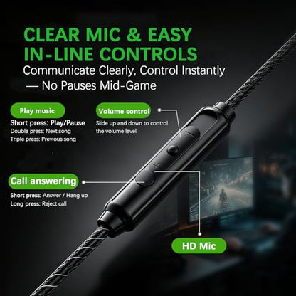 Rosmas Wired Gaming Earbuds with Mic, 360° Spatial Audio, 10mm Drivers, in-Ear Headphones with Volume Control, 3.5mm Jack for PC, PS5, Xbox, Switch, Laptop(Black)