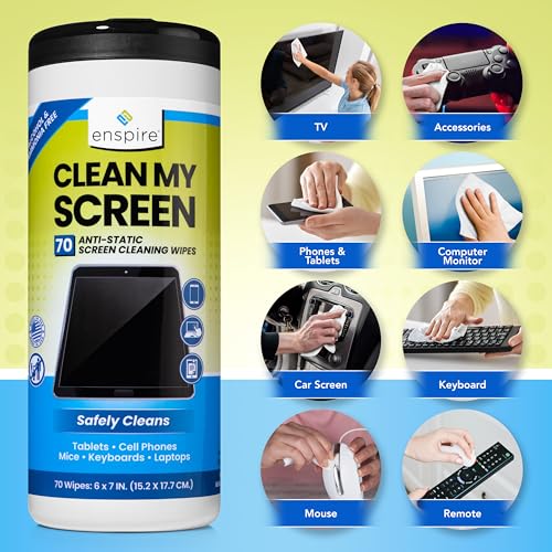 enspire® CLEAN MY SCREEN; Anti-Static Screen and Electronics Cleaning Wipes; 70 Count Tub; 905105 - size: 70 Count (Pack of 1)