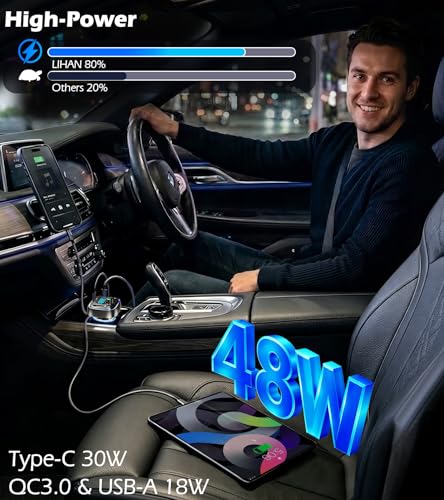 LIHAN Bluetooth Car Adapter 5.4, FM Transmitter, 48W PD/QC Charger | Enjoy Bluetooth music, GPS navigation and hands-free calling while charging devices with powerful 48W PD/QC fast charging