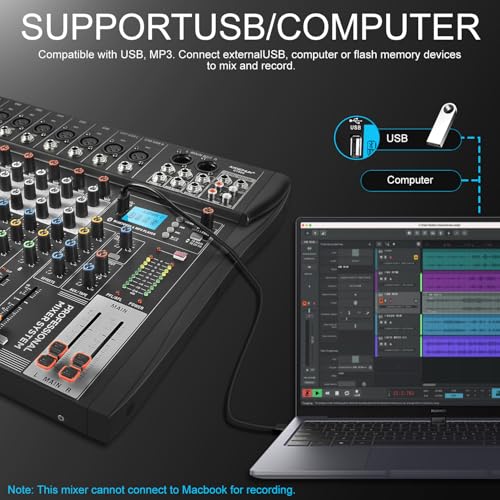 8-Channel Audio Mixer, Recording Sound Board with Bluetooth