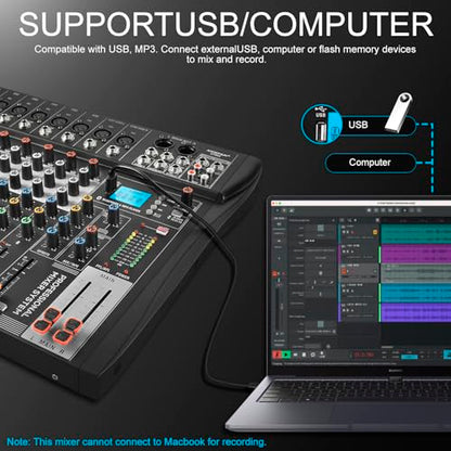 8-Channel Audio Mixer, Recording Sound Board with Bluetooth