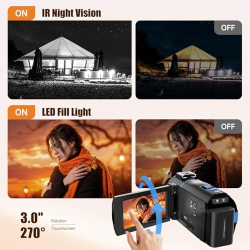 5K Video Camera Camcorder, 64MP UHD Vlogging Camera for YouTube with 16X Zoom, IR Night Vision, 3.0" Touch Screen, Stabilizer, Mic, 2 Batteries+32GB Card, Gift for Dad