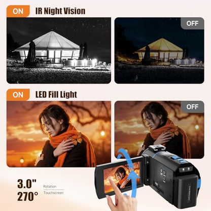 5K Video Camera Camcorder, 64MP UHD Vlogging Camera for YouTube with 16X Zoom, IR Night Vision, 3.0" Touch Screen, Stabilizer, Mic, 2 Batteries+32GB Card, Gift for Dad