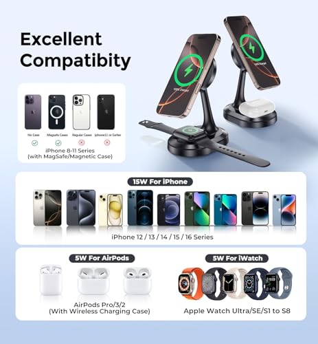 3 in 1 Magnetic Wireless Charging Station Apple Devices 15W Fast Mag-Safe Charger Stand Wireless Charger Station for iPhone 17 16 15 14 13 12 Pro/Pro Max/Plus/Mini AirPods 2/3/Pro iWatch Series