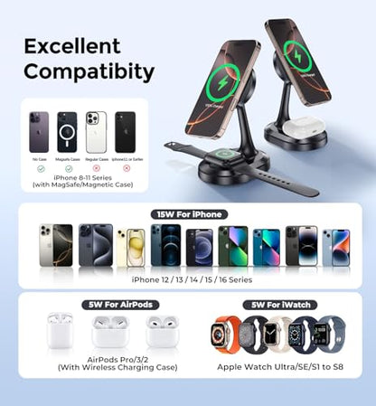 3 in 1 Magnetic Wireless Charging Station Apple Devices 15W Fast Mag-Safe Charger Stand Wireless Charger Station for iPhone 17 16 15 14 13 12 Pro/Pro Max/Plus/Mini AirPods 2/3/Pro iWatch Series