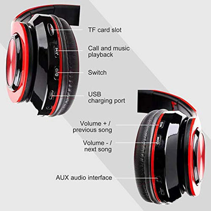 Wireless Bluetooth Headphones with Colorful LED Lights, Red Black | HiFi Stereo Sound,Light Weight,Foldable,Colorful Backlit,Rechageable,Over Ear Headset for PC/Travel/Class/Office/Kids/Adult - color: Red Black