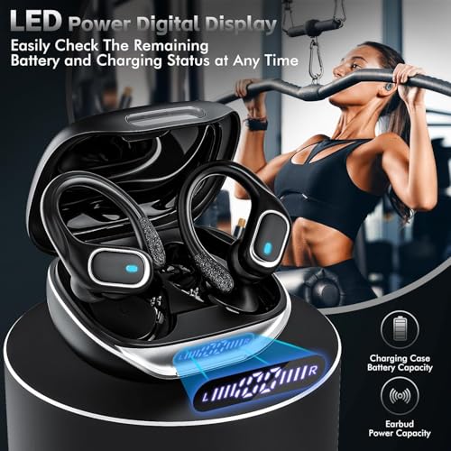Wireless Earbuds Bluetooth Headphones 80Hrs Playtime Ear Buds IPX7 Waterproof Sports Earphones Wireless Charging Case Over-Ear Earhooks Headest (Black)