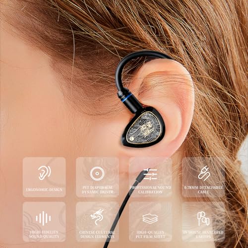 TANGZU Wan'er S.G II Wired Earbuds, in-Ear Monitors with 10mm Dynamic Driver PET Diaphragm, HiFi Gaming IEM Earphones, 0.78mm 2-Pin Detachable Cable, Tangle-Free (Black 4.4mm Without Mic) - color: Black, size: 4.4mm