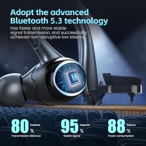 Wireless Earbuds Bluetooth 5.3 Headphones Stereo Ear Buds, ENC Noise Cancelling Mic,IPX7 Waterproof Earphones with Hook for Android iOS Smart Phone Laptop Computer Sports - Black
