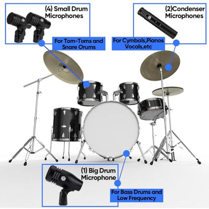 W IN-MIX 7 Piece Wired Dynamic Drum Mic Kit (Whole Metal)- Kick Bass, Tom/Snare & Cymbals Microphone Use for Drums, Vocal, Other Instrument Complete with Thread Clip, Mics Holder