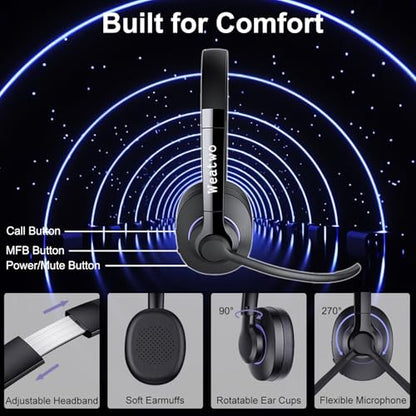 Wireless Bluetooth Headset with CVC8.0 Noise-Cancelling Mic for Work | Microphone Mute, Class 1 V5.1 Bluetooth Headphone for Ms Teams Zoom Home Office Computer Cell Phone Laptop, 30H+ Talking Time