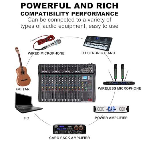 Depusheng DT12 Studio Audio Mixer 12-Channel DJ Sound Controller Interface w/USB Drive for Computer Recording Input, XLR Microphone Jack, 48V Power, RCA Input/Output for Professional and Beginners