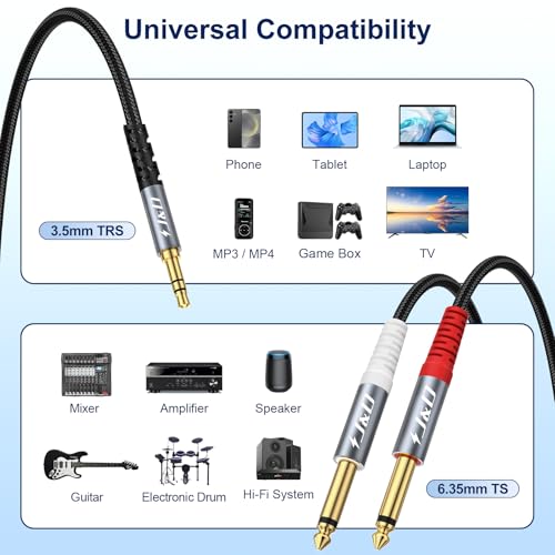 J&D 1/8 to 1/4 Stereo Cable, 3.5mm TRS to Dual 6.35mm TS Mono Y-Splitter Adapter Nylon Braid Jack Breakout Cord for Smartphone, CD Player, Speakers and Home Systems Amplifier, 6.6 Feet, Grey - size: 6.6 ft