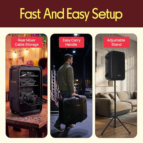 Pyle PA Speaker DJ Mixer Bundle - 300 W Portable Wireless Bluetooth Sound System w/ USB SD XLR 1/4" RCA Inputs - Dual Speaker, Mixer, Microphone, Stand, Cable - Home/Outdoor Party - PPHP28AMX,Black