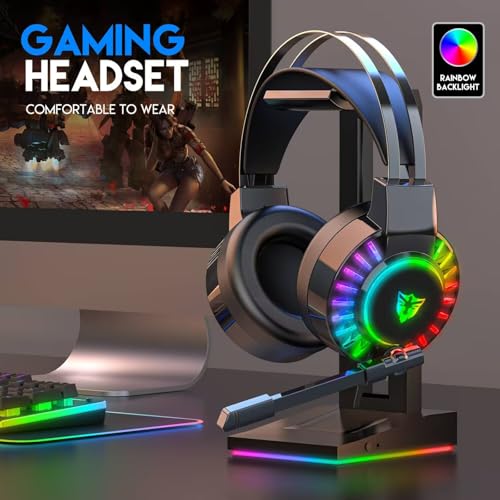 Wired Gaming Headset for PS4 PC Xbox One PS5 Controller, Noise Cancelling Over Ear Headphones with Mic, 7 Color LED Light, 7.1 Surround Sound, Soft Memory Earmuffs for Nintendo Xbox Series(Black)