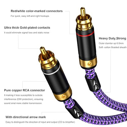 2 RCA to 2 RCA Audio Cable Heavy Duty 24K Gold-Plated Pure Copper Shell Oxygen-Free Copper for Home Theater HDTV Amplifiers Hi-Fi Systems Speakers - Purple Top Series (3.2FT/1m) - size: 3.2 ft