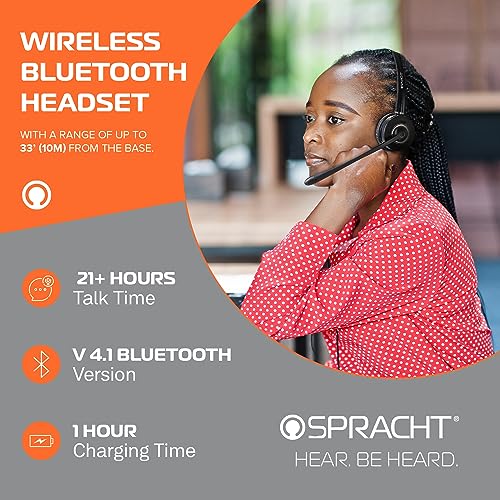 Spracht HS-2051 Dual Ear Wireless Bluetooth Headset with Base Station | Wireless Headset for Work | Wireless Headset with Microphone | AI-Powered Noise Cancelling Headset (not for Desktop Phones) - size: Dual-Ear