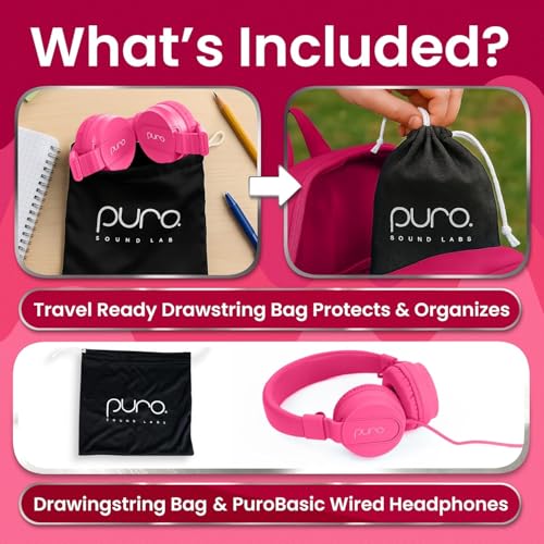 Puro Sound Labs - Kids Headphones, Volume-Limiting 85dB, PuroBasic, Pink | Adjustable, Safer & Comfortable Headphones for Kids – Compatible with PCs, Smartphones & Tablets, Ideal for School & Travel - color: Pink