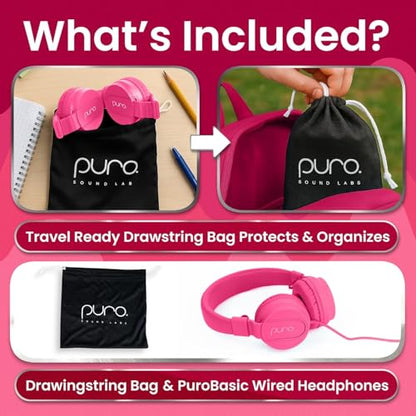Puro Sound Labs - Kids Headphones, Volume-Limiting 85dB, PuroBasic, Pink | Adjustable, Safer & Comfortable Headphones for Kids – Compatible with PCs, Smartphones & Tablets, Ideal for School & Travel - color: Pink