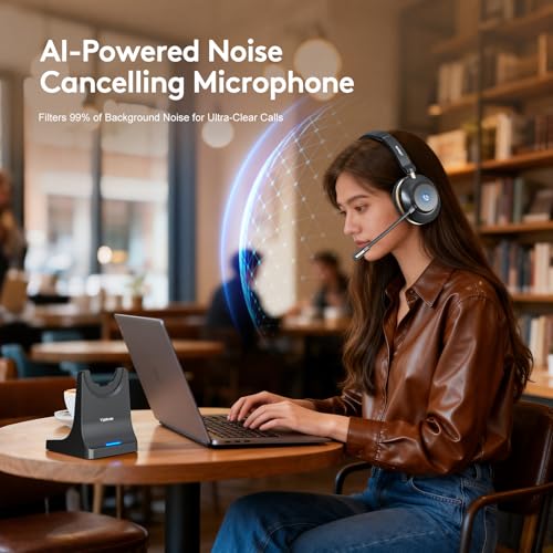Wireless Headset With Microphone, Bluetooth 5.3 Headset With 45H Battery | Bluetooth 5.3, 45H Talk Time, Mute Button, Charging Base, Protein Leather Cushions for Work Calls and Online Meetings