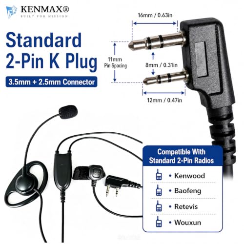 D-Shape Earpiece with Boom Mic and Finger PTT for Baofeng UV-5R BF-888S UV-82 and Kenwood 2-Pin Radios, K-Plug Earhook Headset for Two-Way Radio
