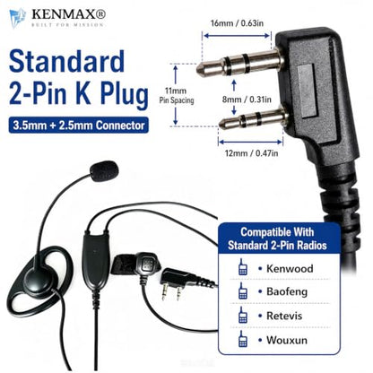D-Shape Earpiece with Boom Mic and Finger PTT for Baofeng UV-5R BF-888S UV-82 and Kenwood 2-Pin Radios, K-Plug Earhook Headset for Two-Way Radio