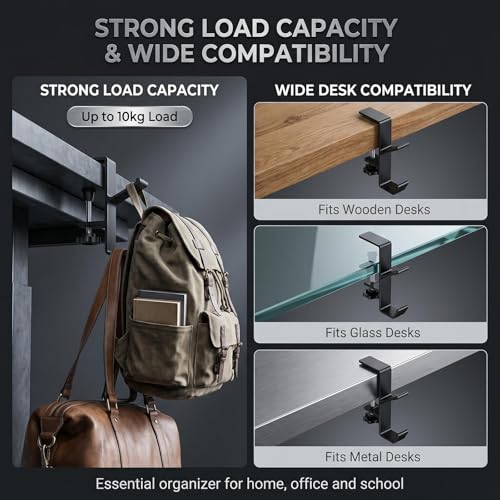 Black Desk Mount Purse Hook | Portabl Adjustable Clamp-On Backpack Hanger Table Bag Holder ,for Handbags Headphones(Double Hook) - color: Black Double Hook