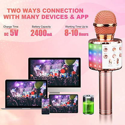 BlueFire 4 in 1 Karaoke Wireless Microphone with LED Lights, Portable Microphone for Kids, Great Gifts Toys for Kids, Girls, Boys and Adults (Pink) - color: Pink