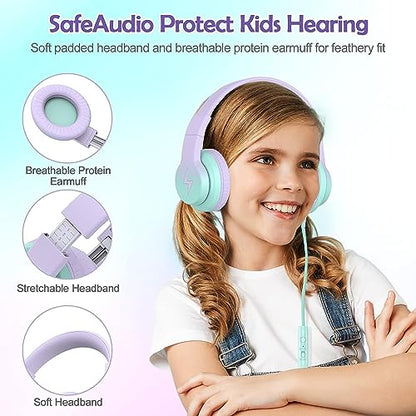 Candy Bila Wired Kids Headphones for School, Over-Ear for Boys Girls | Volume Limiter 85/94dB, HD Stereo Sound, Microphone and Wired Control,Foldable Design, Gradient Purple - color: Light Purple