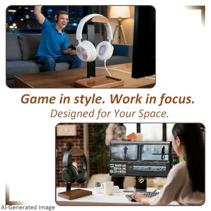 2-in-1 Wood Universal Headphone Stand With Storage Tray And Wood Arc Top
