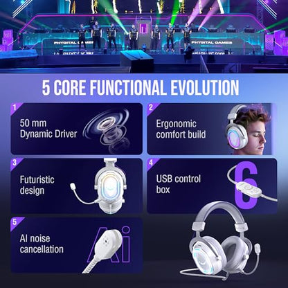 FIFINE AmpliGame H13WP USB Gaming Headset Wired, Customizable RGB Light | 50mm Drivers, Crisp 7.1 Surround, Soft Protain Leather, Detachable Mic, Game/chat Balance, for PC, Mac, PS4/5 - color: White and Purple