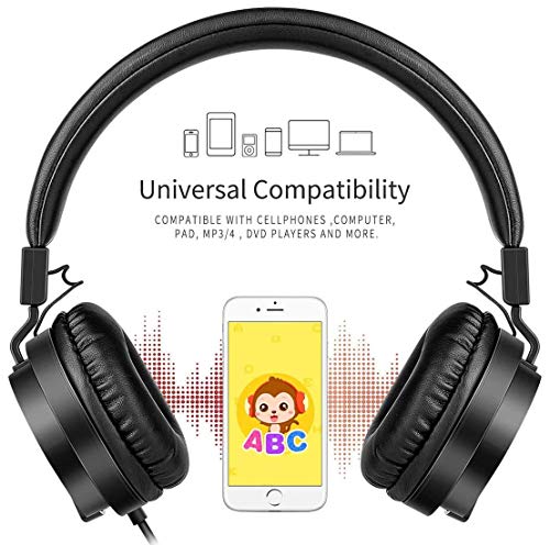 Kids Headphones, Lightweight Stereo Wired Toddler Headphones，Adjustable Headband Children's Headset for Smartphones Computer Pad Earphones(Black) - color: Black