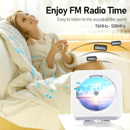 MICOCIOUS Bluetooth Portable Home CD Music Player with Remote Control, Timer, Built-in Speakers and LED Display - FM Radio Boombox (White) - color: White