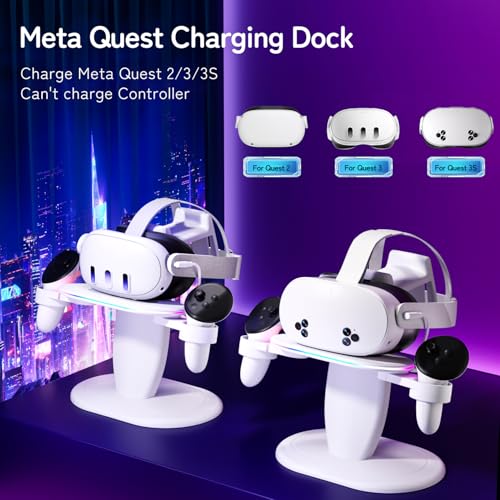 Fast Charging Dock for Meta Oculus Quest 3/3s/2 Headset and Rift/pro/Pico/HTC,RGB Charging Station & Display Stand for Meta Controllers, with USB-C Cable & Charging Port & Tidy VR Accessories
