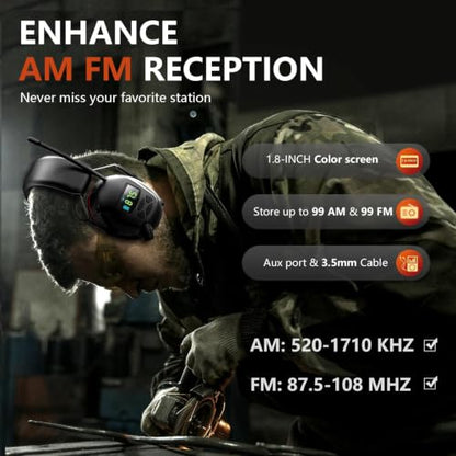 Bluetooth 6.0 AM/FM Hearing Protection, Radio Headphones with Digital Display, 30 SNR Noise Reduction Safety Earmuffs with Rechargeable 2000 mAh Large Battery, Ear Protector for Mowing Lawn Work - color: Red