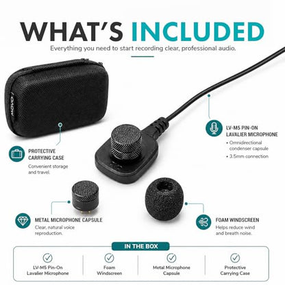Movo LV-M5 4FT Pin-On Lavalier Microphone with 3.5mm TRS Connector – Clip-On Lav Mic for DSLR Cameras, Camcorders & Audio Recorders – for Interviews, Video Recording & Filmmaking