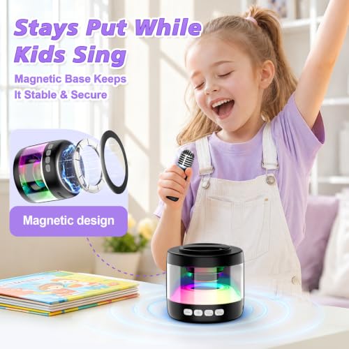 Mini Karaoke Machine for Kids with 2 Wireless Lapel Microphones | Portable Bluetooth Karaoke Speaker, Magnetic Phone Stand, Lyrics Display, Birthday for Girls Boys - color: Black