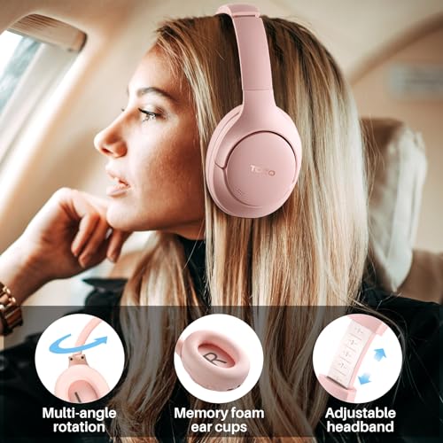 TOZO Hybrid Active Noise Cancelling Headphones, Hi Res Audio | Wireless Over Ear Bluetooth Headset, 60H Playtime, Custom EQ via App Deep Bass Comfort Fit Ear Cups, for Home Office Travel - color: Pink