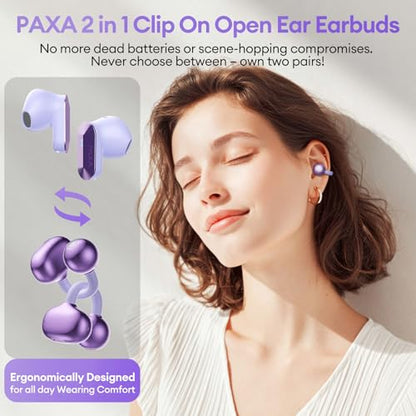 2 in 1 Clip on Open Ear Headphones Wireless Earbuds, 0 Delay Bluetooth 6.0, Ultra-long 140H Play, Auto L-R Recognition Touch Control, Hybrid Noise Reduction for Work Fitness Daily Use, Ctbuds Purple - color: C-Purple